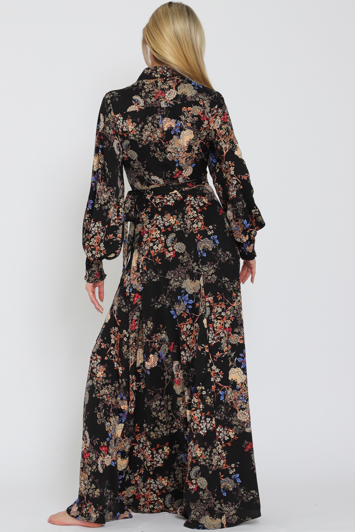 Black Elastic Smocked Sleeve Collar Wrap Maxi Dress (Talla S) thumbnail