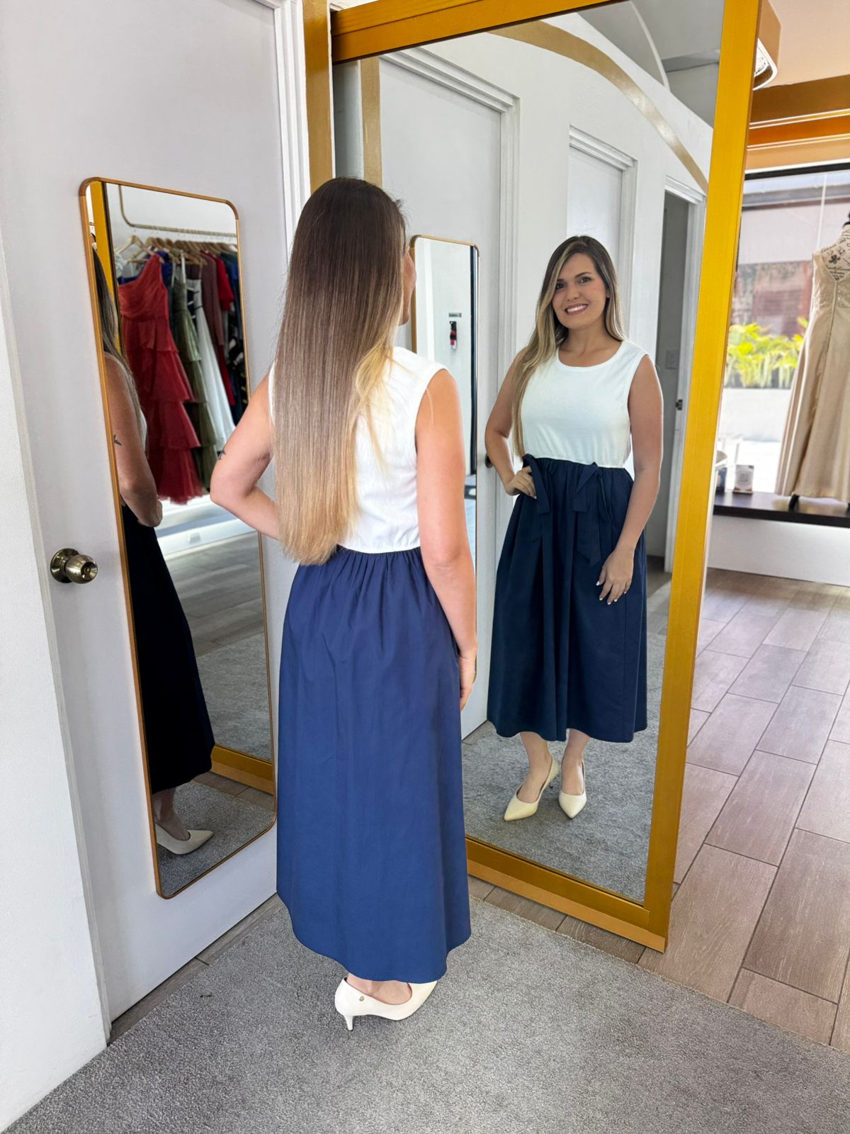 Navy  Bow Accent Color Block Midi Dress (Talla L) thumbnail