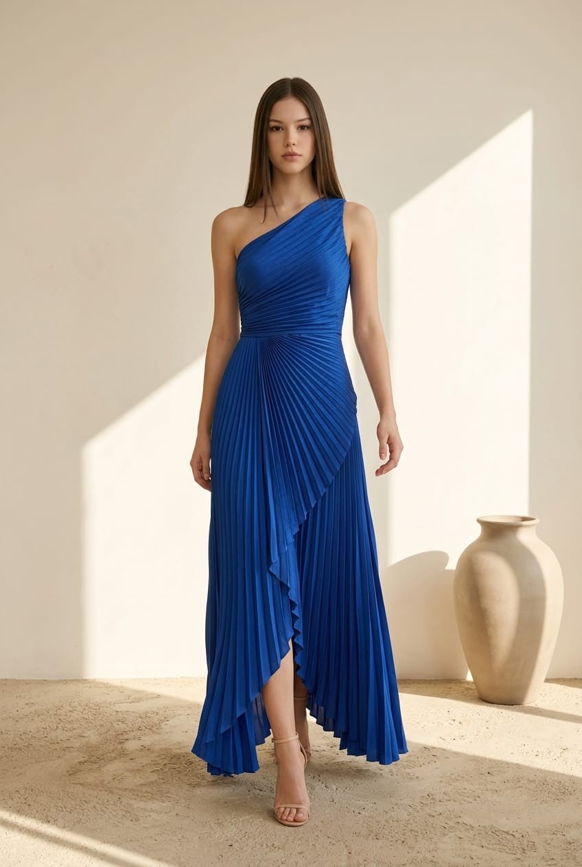 Royal Blue Pleated One Shoulder Maxi Dress (Talla S) thumbnail