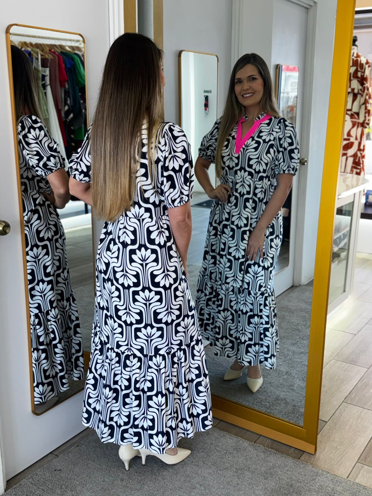 Navy Geo Floral Print Midi Dress (Talla M) thumbnail