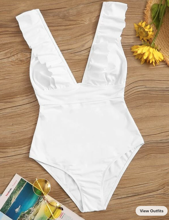 White Ruffle Trim Lace Up One Piece Swimsuit (Talla XL)