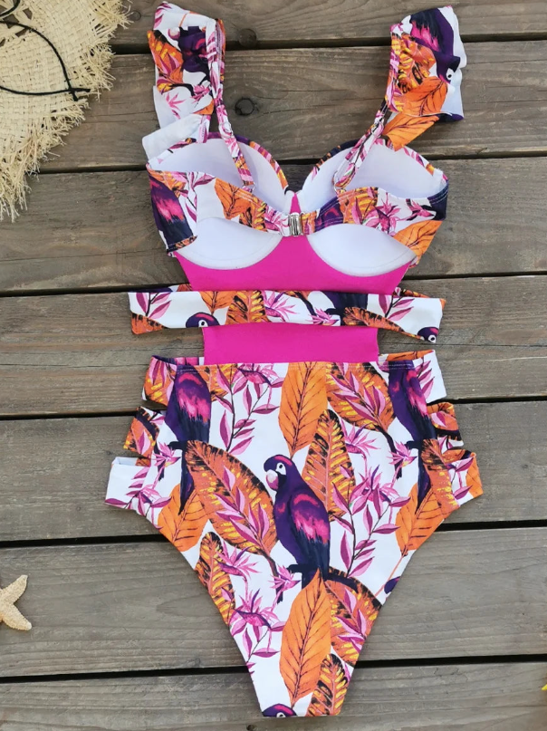 Floral Bright Tropical Bird Print Ruffle One-piece Swimsuit (Talla M) thumbnail