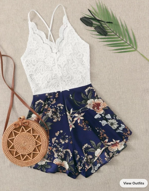 Lace Panel Floral Print Knot Back Cami Romper (Talla M)