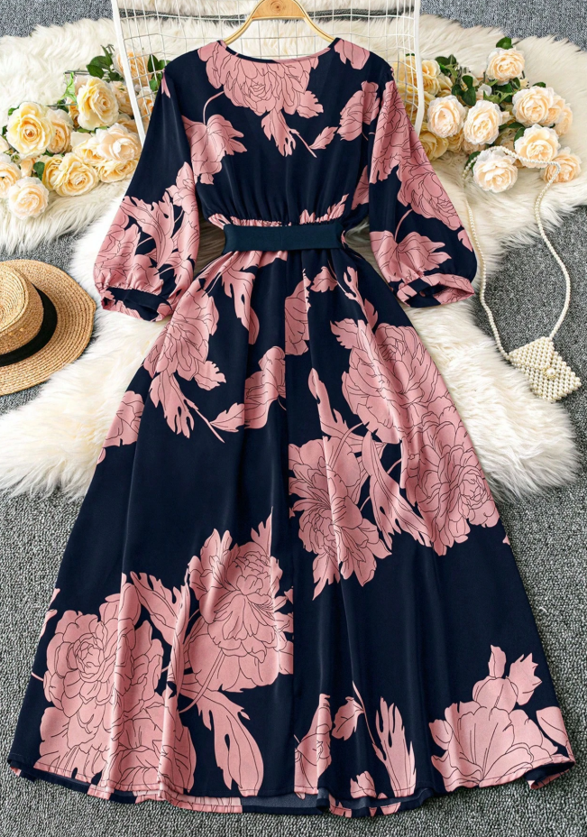 Multicolor Retro Plus Size Cross Neck Short Sleeve Flowy Dress (Talla 2XL) thumbnail