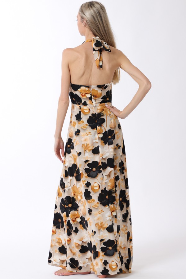 Black & Gold Halter Tie Back Neck Cb Zipper Maxi Dress (Talla M) thumbnail