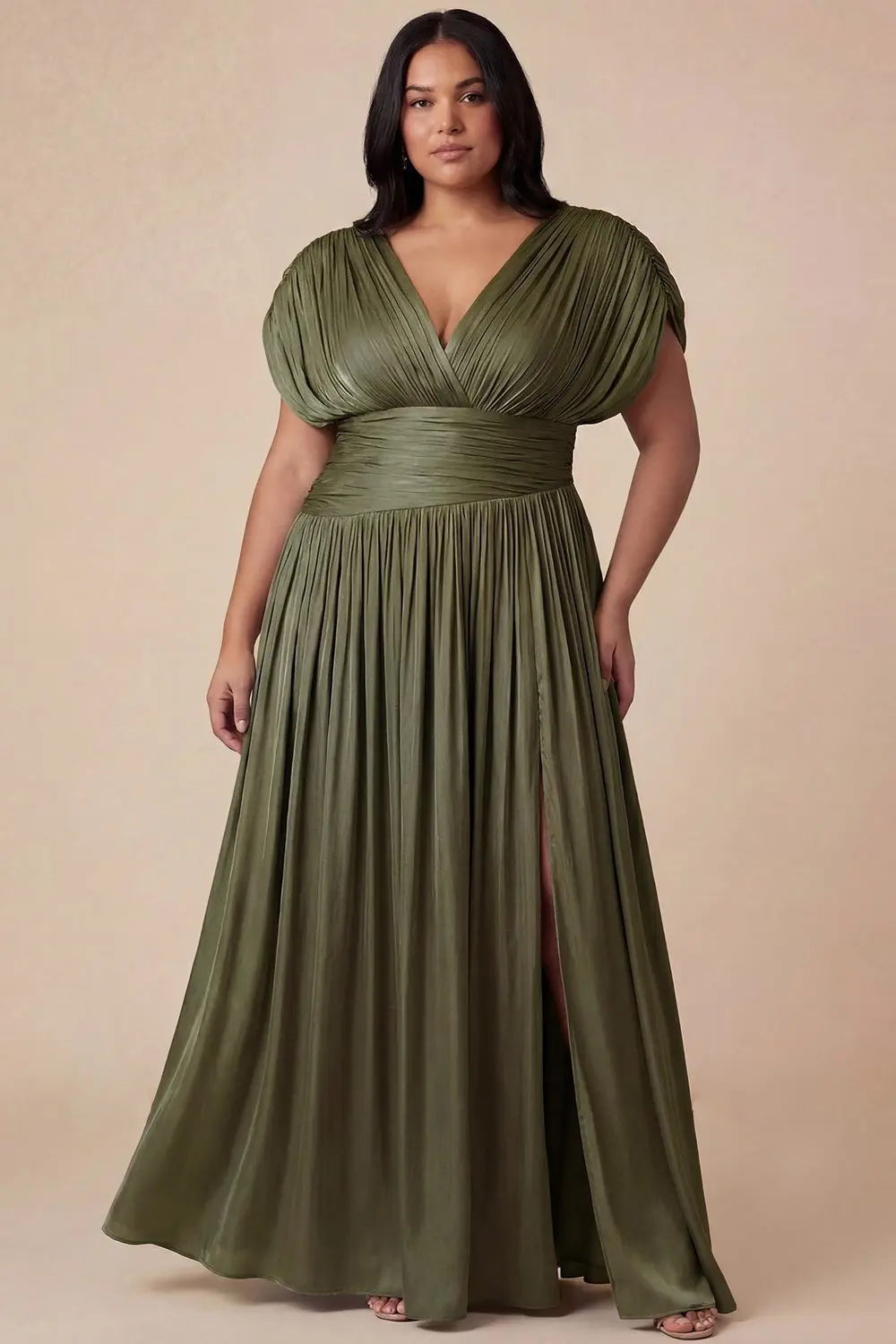 Olive Elegant Pleated Maxi Dress (Talla 1XL) thumbnail