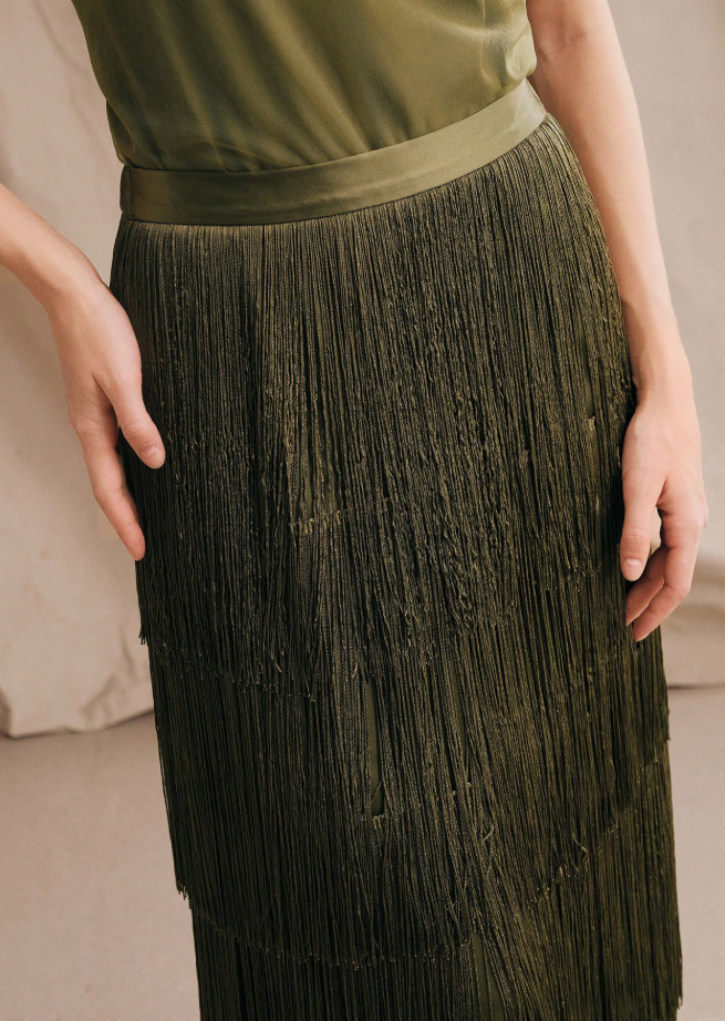 Olive Green Layered Tassel Midi Skirt (Talla M) thumbnail