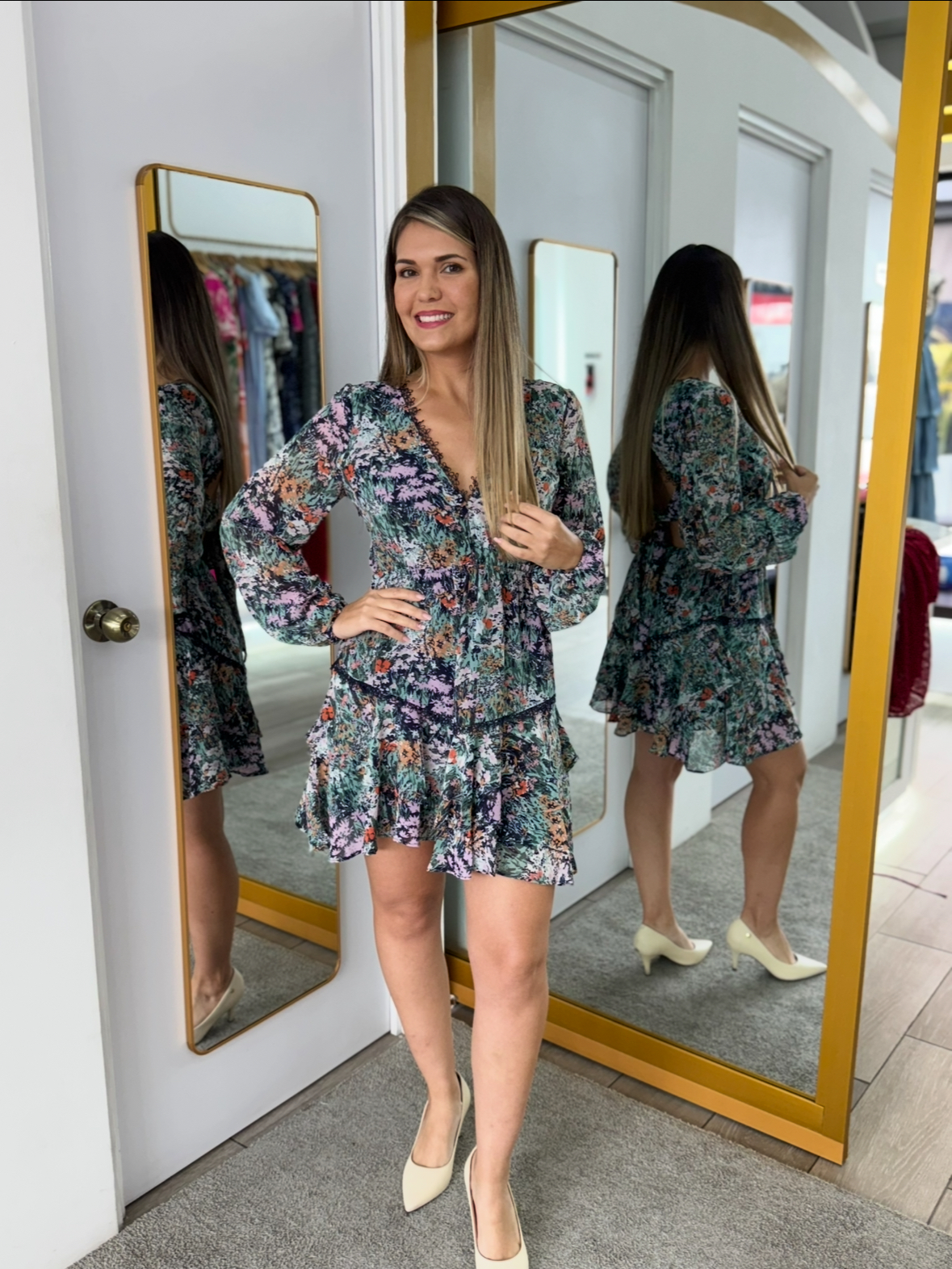 Navy Long Sleeve Floral Chiffon Dress (Talla M)