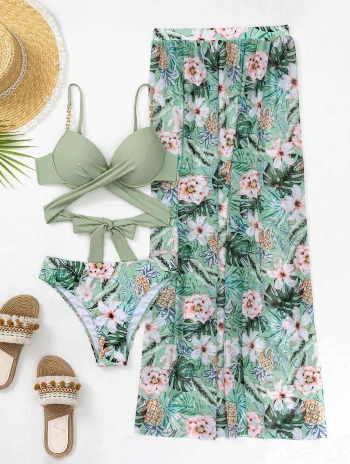 Swim Vcay Tropical Print Wrap Push Up Bikini Swimsuit With Beach Skirt (Talla S) thumbnail