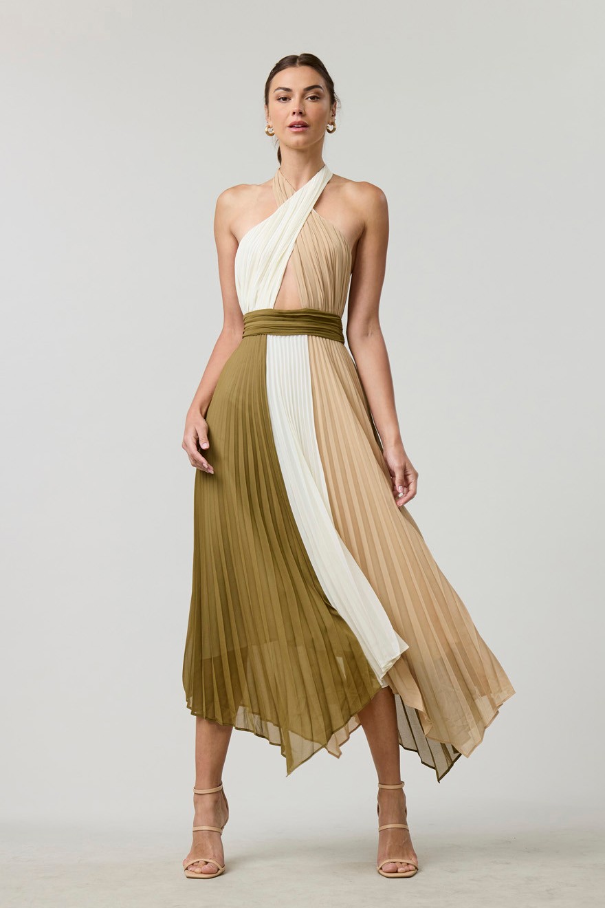 Olive Colorblock Pleated Halter Midi Dress (Talla M) thumbnail
