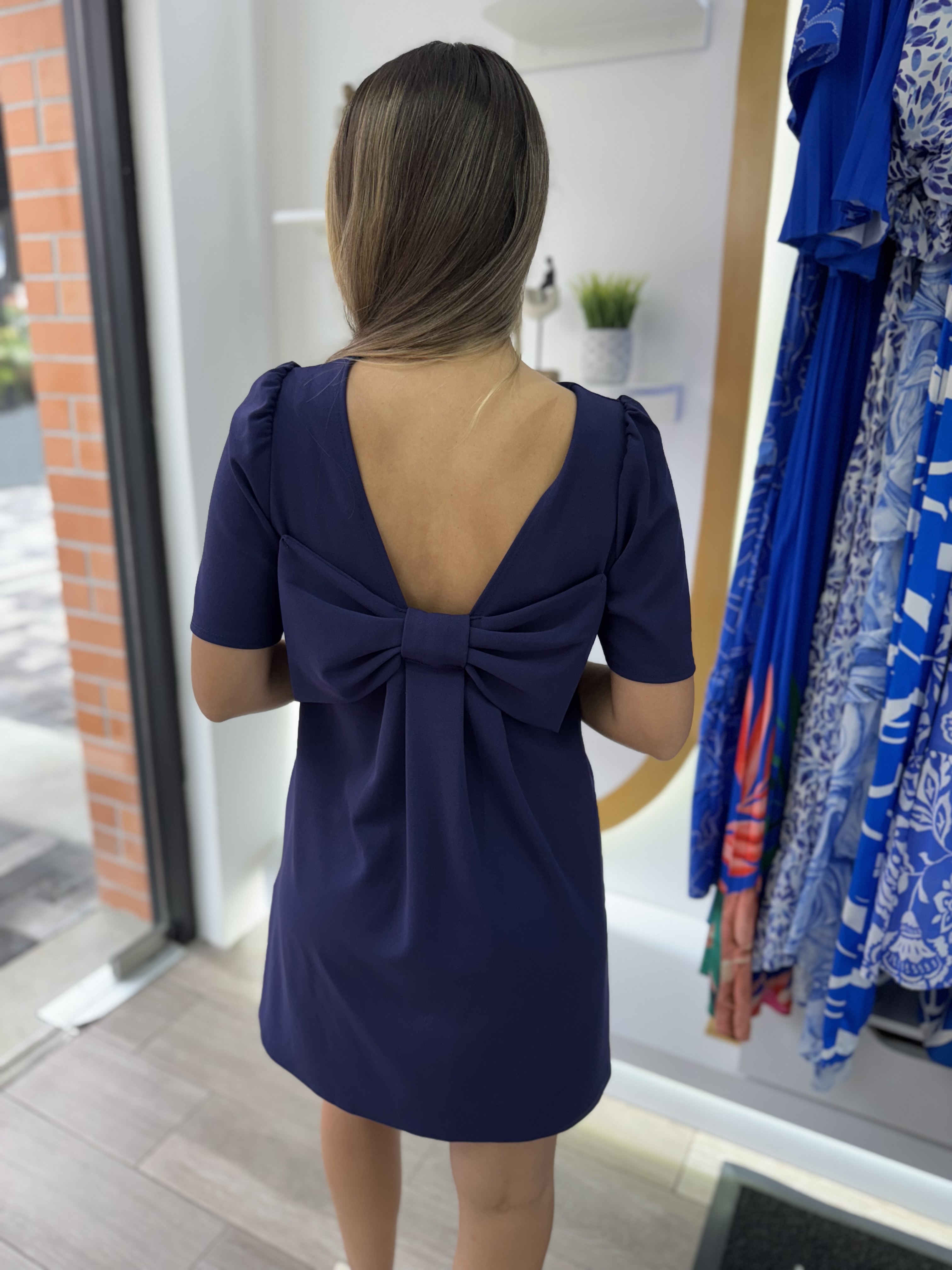 Navy solid shift dress short puff sleeve (Talla S) thumbnail