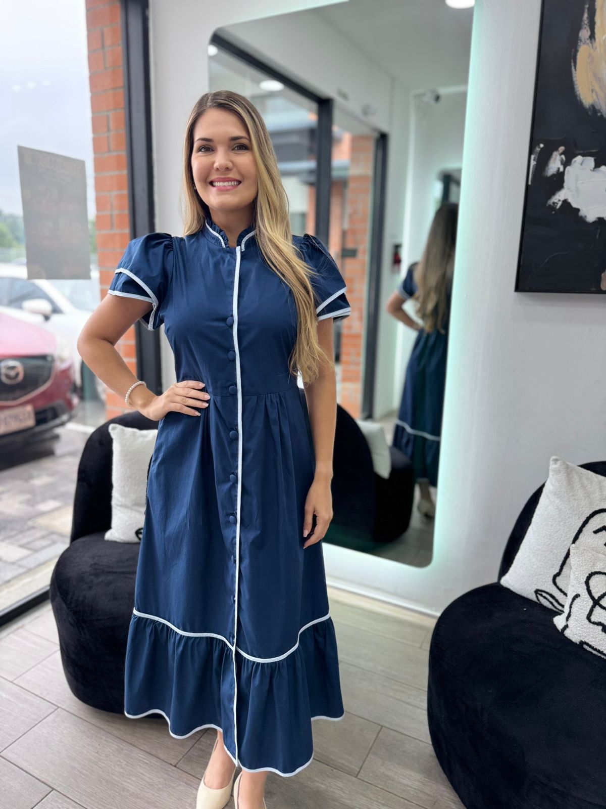 Navy Davie Button Down Midi Dress (Talla XS)