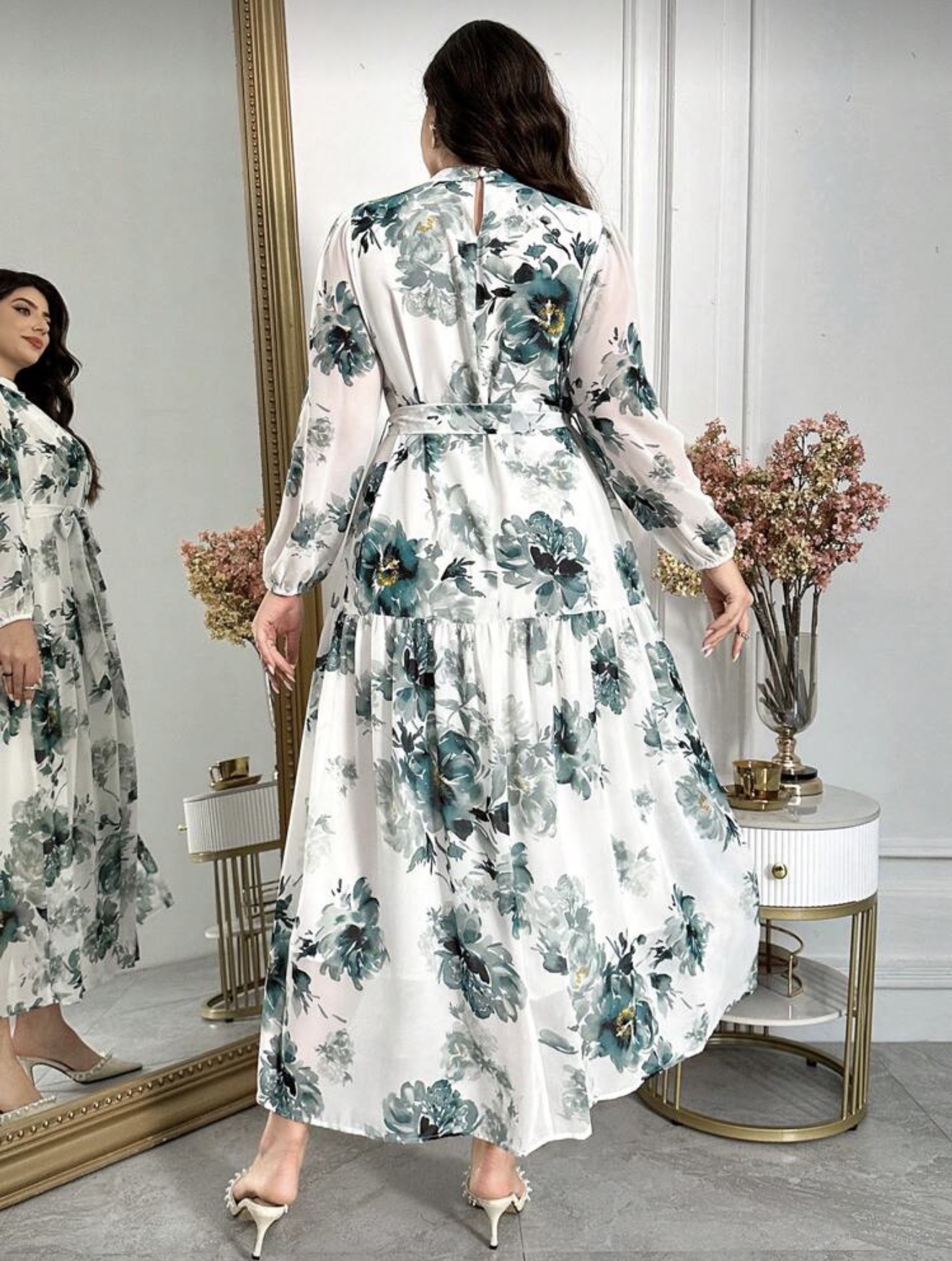 Floral Print Stand Collar Lantern Sleeve Ruffle Hem Maxi Elegant Dress (Talla 2XL) thumbnail