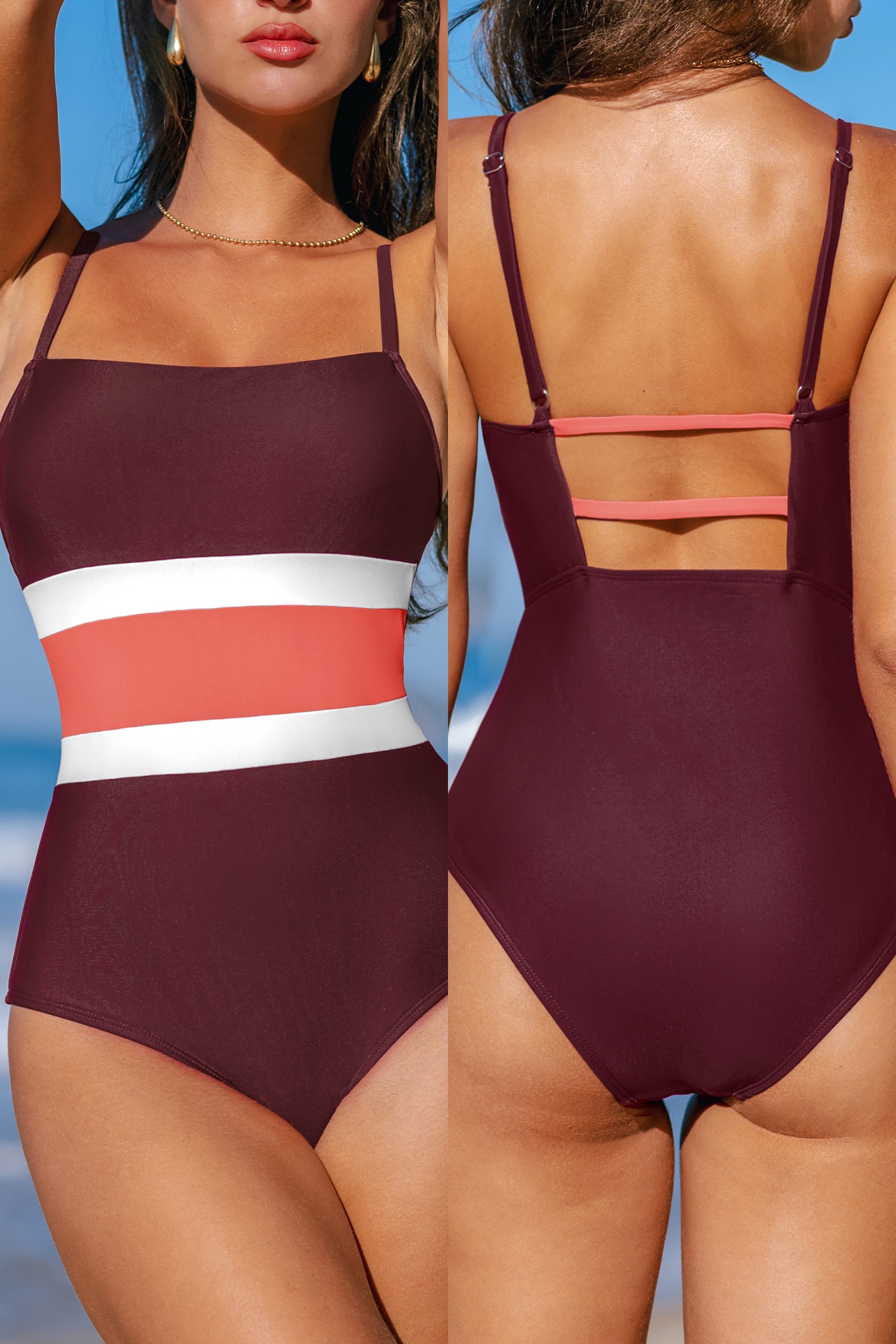 Burgundy Color-block Square Neck Swimsuit (Talla M) thumbnail