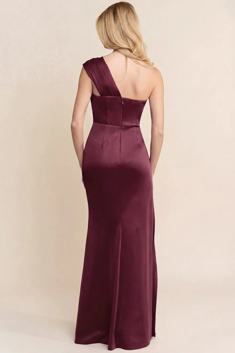 Wine One Shoulder Pleated Ruffle Maxi Dress (Talla L) thumbnail