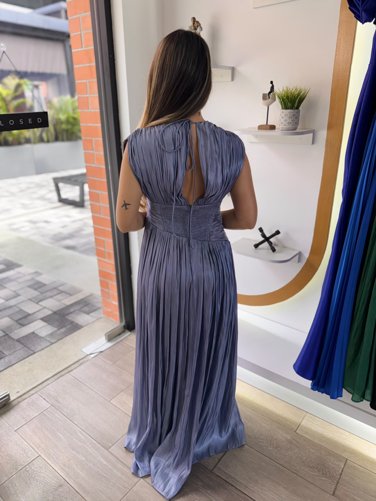 Slate Blue Elegant Pleated Maxi Dress (Talla M) thumbnail