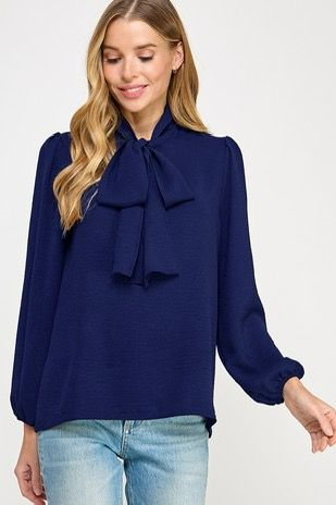 Navy Solid Long Sleeve Blouse (Talla S) thumbnail