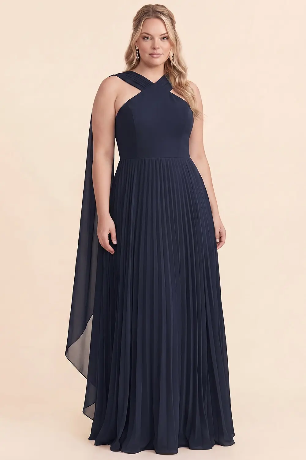 Plus Size Navy Pleated Draped Maxi Dress (Talla 2XL)