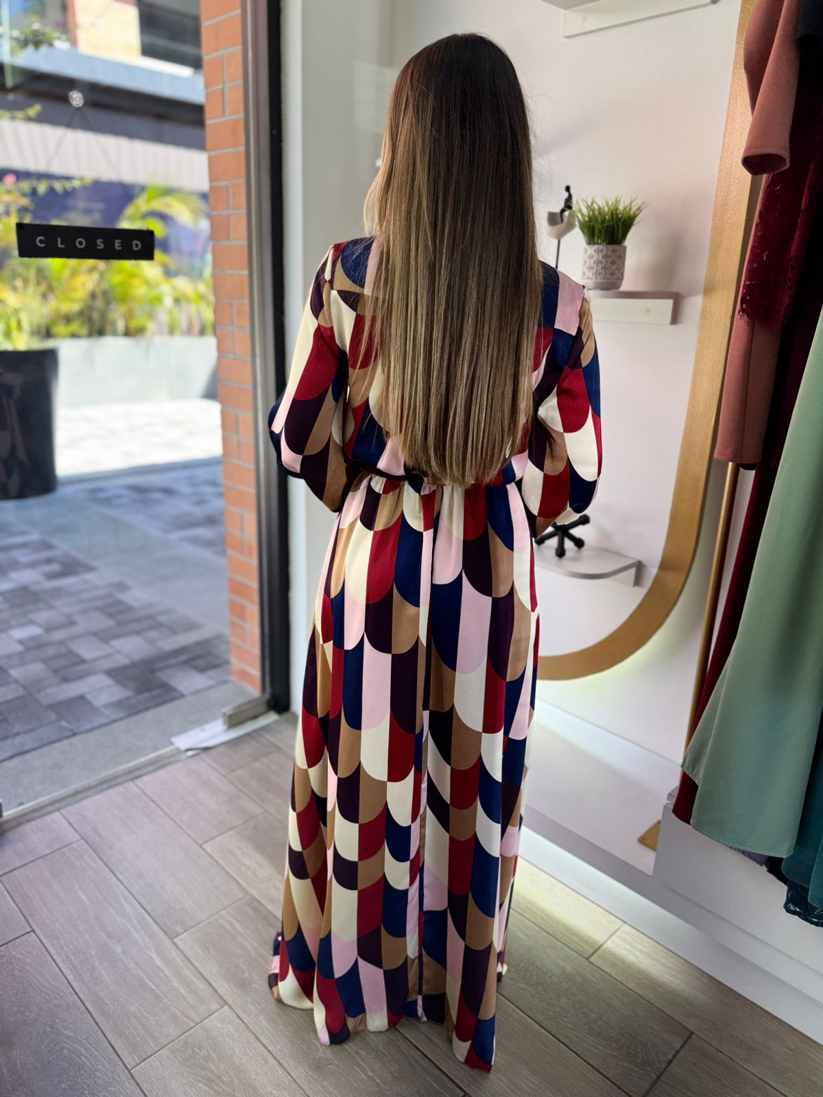 Navy & Red Long Sleeve Elastic Waisted Belted Maxi Dress (Talla S) thumbnail