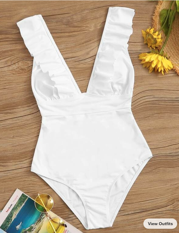 White Ruffle Trim Lace Up One Piece Swimsuit (Talla M)