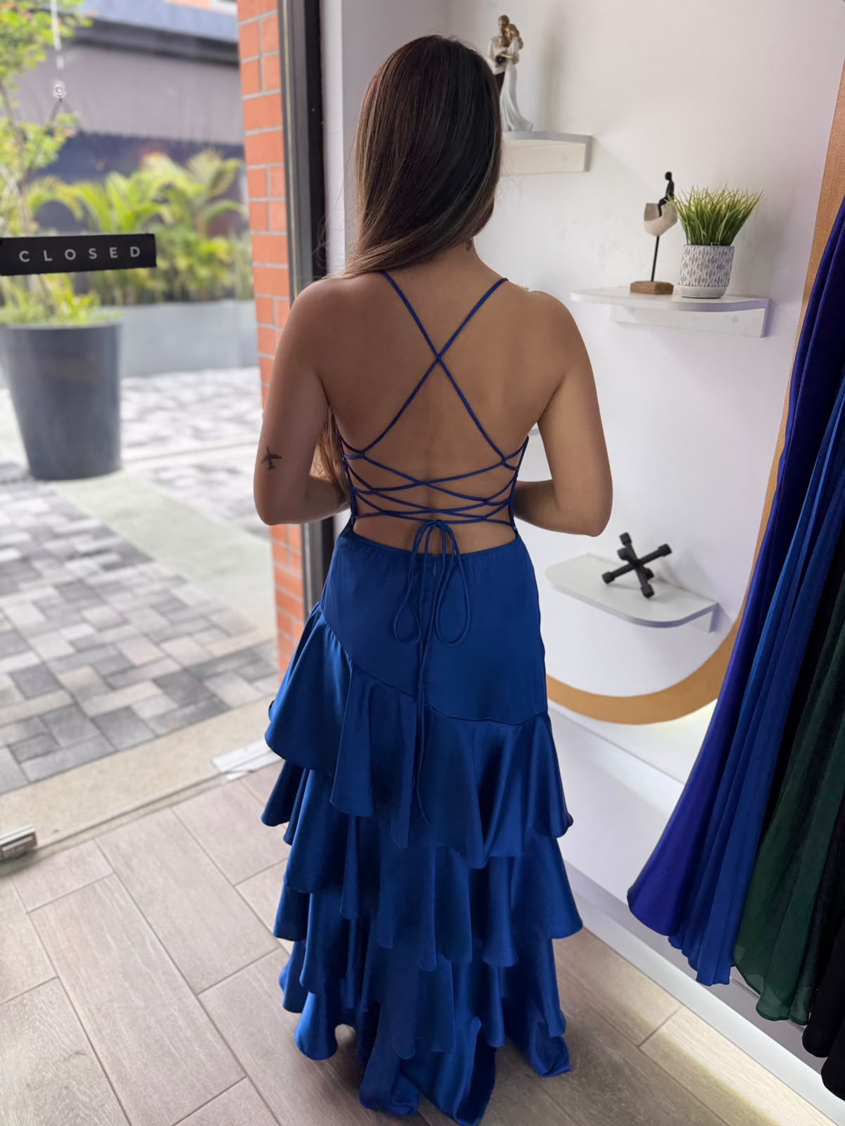 Blue Unlined Asymmetrical Tiered Dress (Talla L) thumbnail