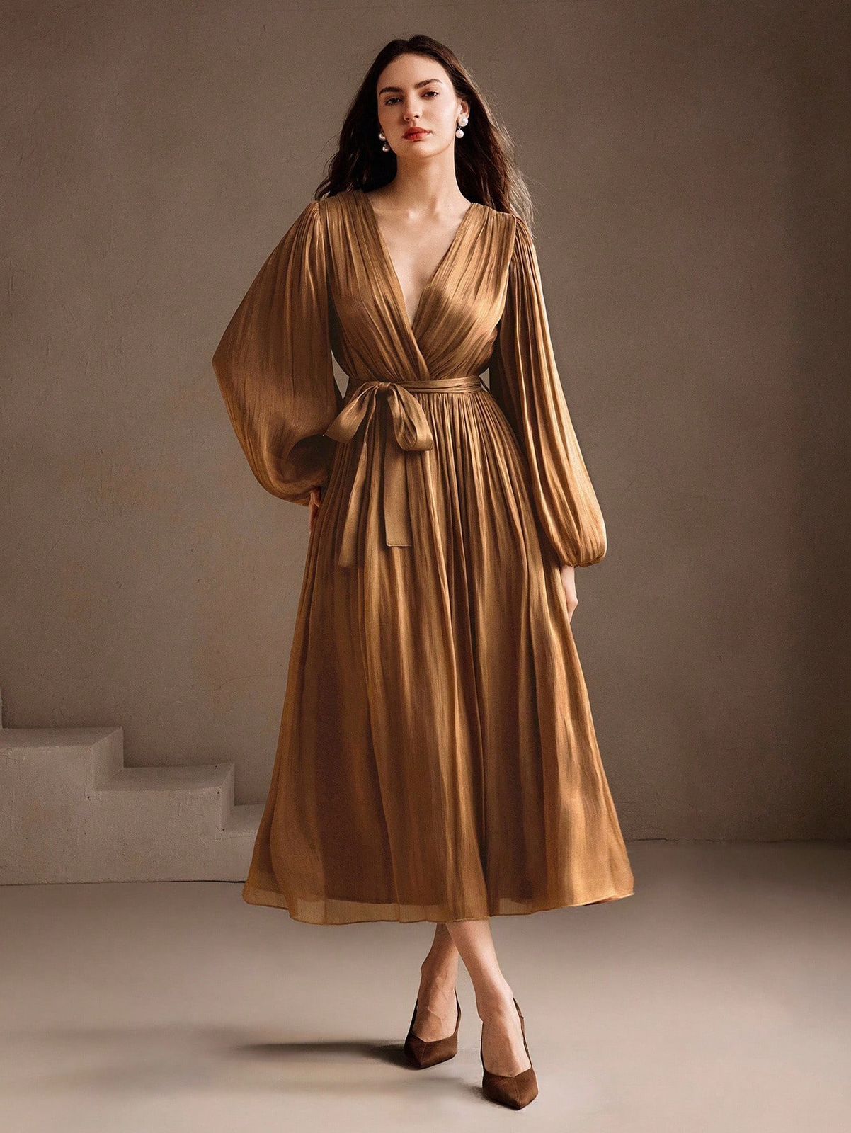 Lined Brown Solid Color Elegant Midi Dress (Talla XL)