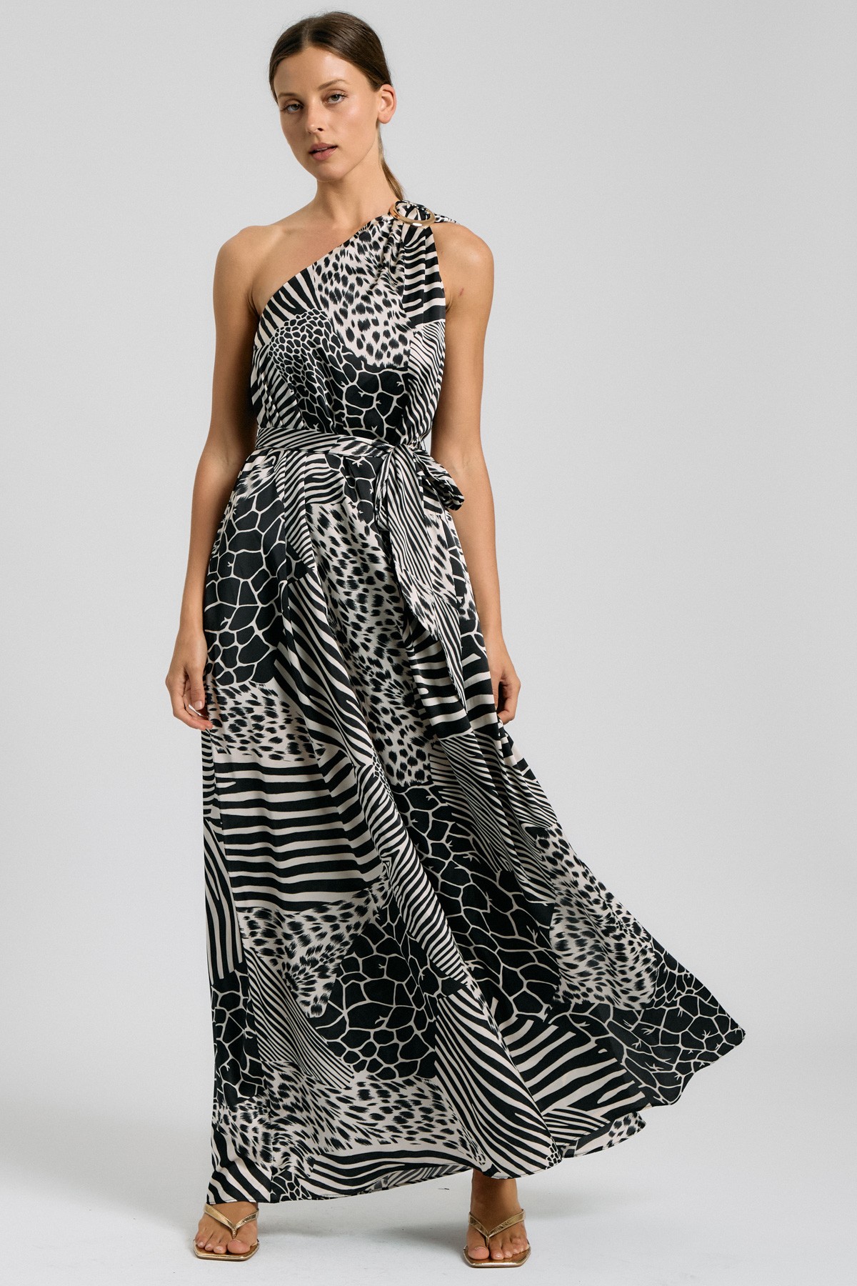 One Shoulder Gold Ring Animal Print Maxi Dress (Talla S) thumbnail