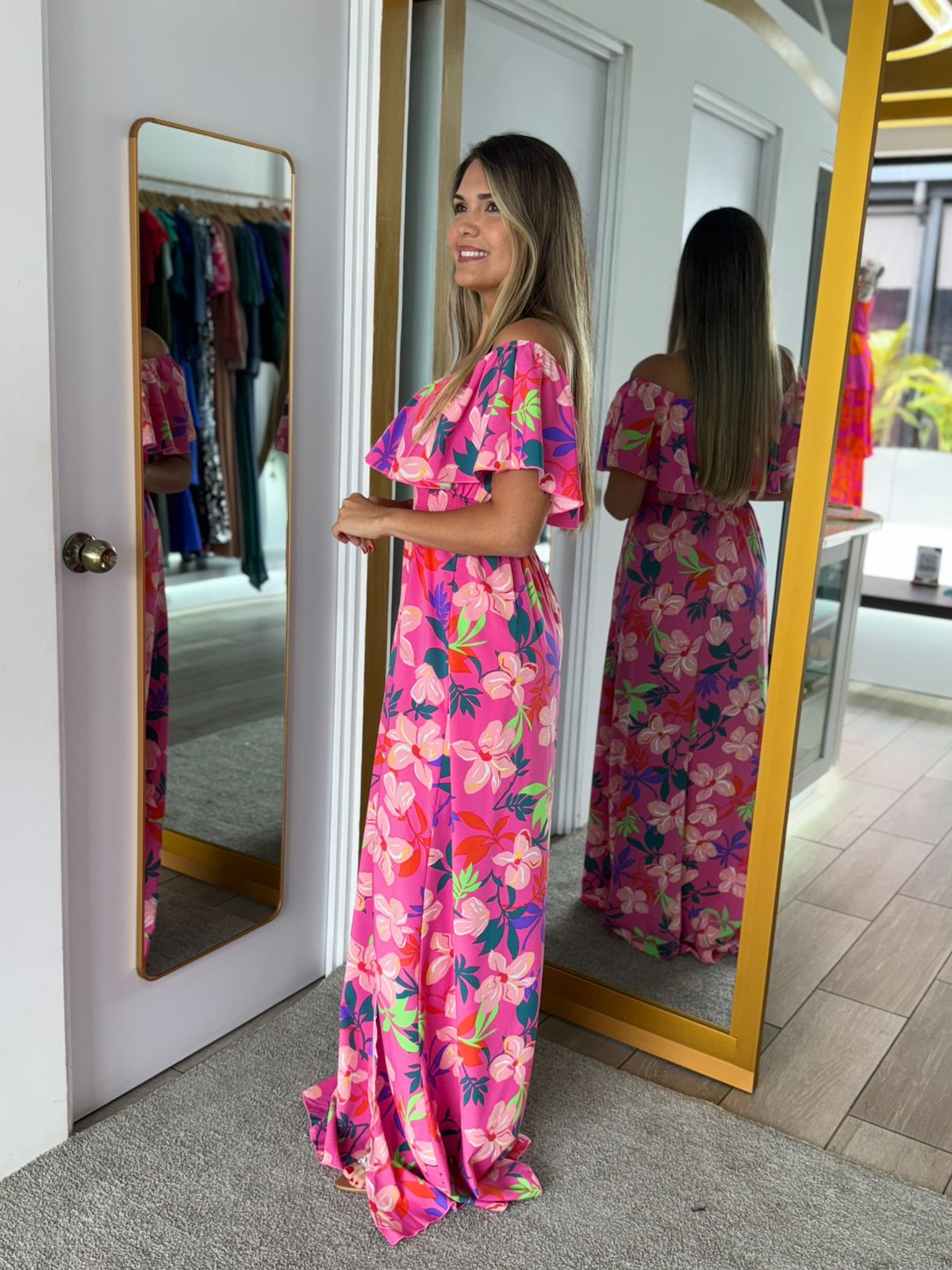 Pink Off Shoulder Tropical Maxi Dress (Talla L) thumbnail