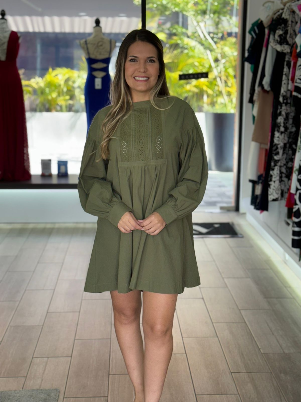Olive Long Sleeve Mini Dress with Lace (Talla L) thumbnail