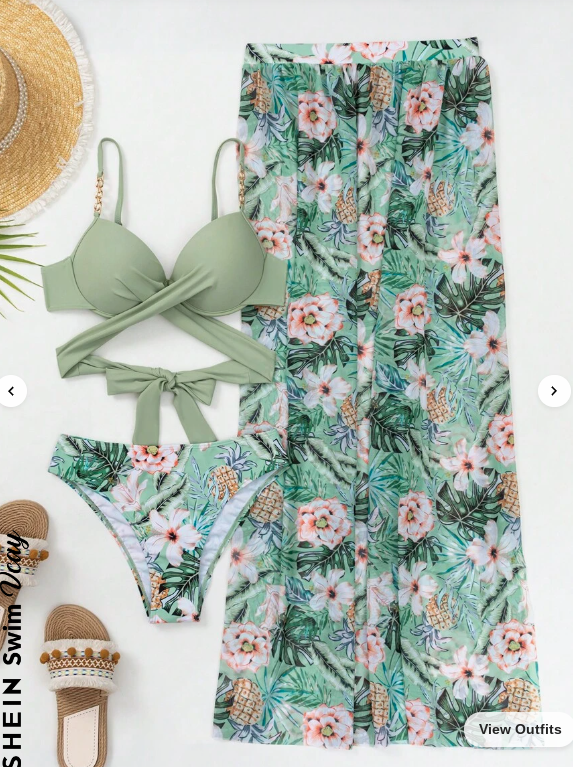 Swim Vcay Tropical Print Wrap Push Up Bikini Swimsuit With Beach Skirt (Talla S) thumbnail