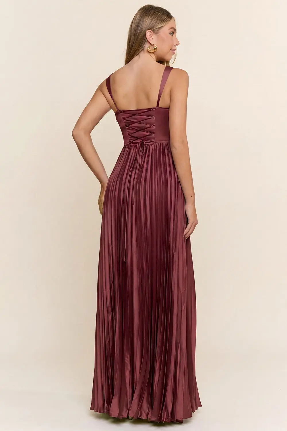 Dusty Plum Corset Pleated Satin Maxi Dress (Talla S) thumbnail