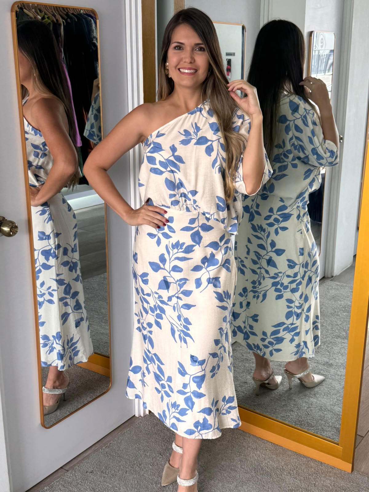 Blue Printed One Shoulder Midi Dress (Talla L)