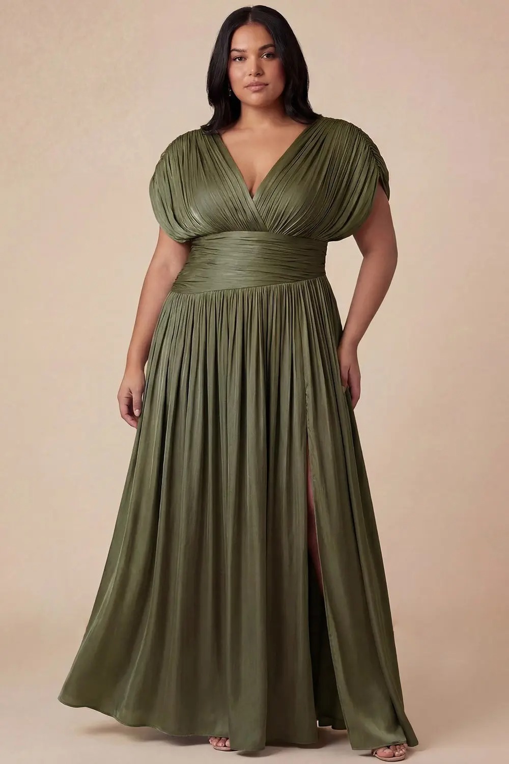 Olive Elegant Pleated Maxi Dress (Talla 2XL) thumbnail