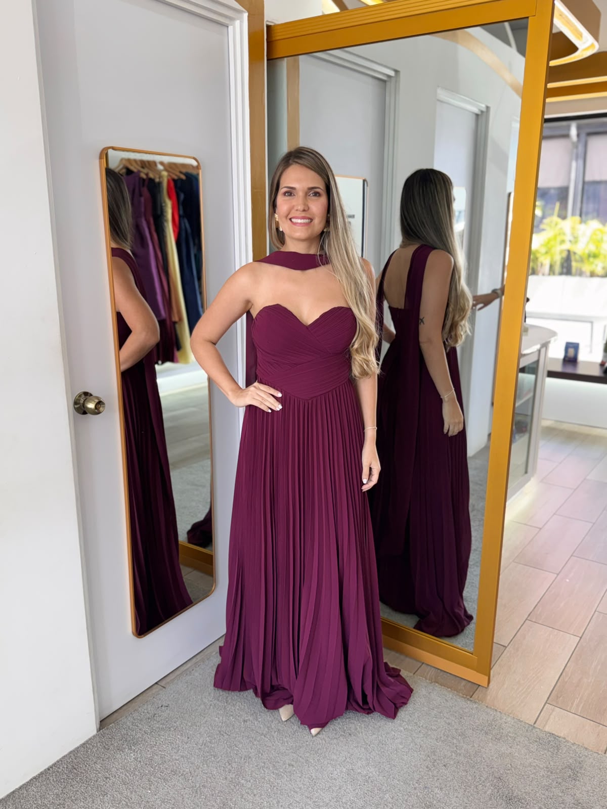 Wine Low Cut Waist Maxi Dress with Scarf (Talla L)