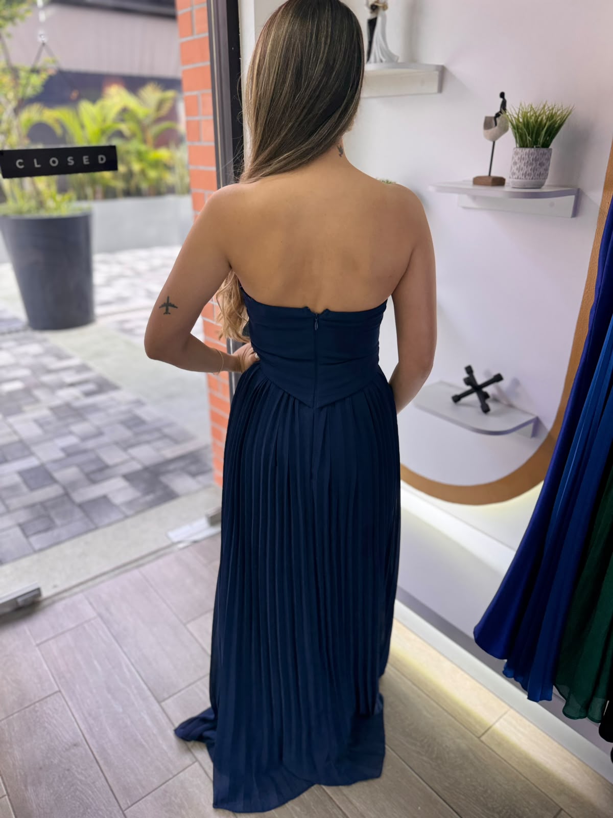 Navy Adjustable Pleated Maxi Dress (Talla L) thumbnail