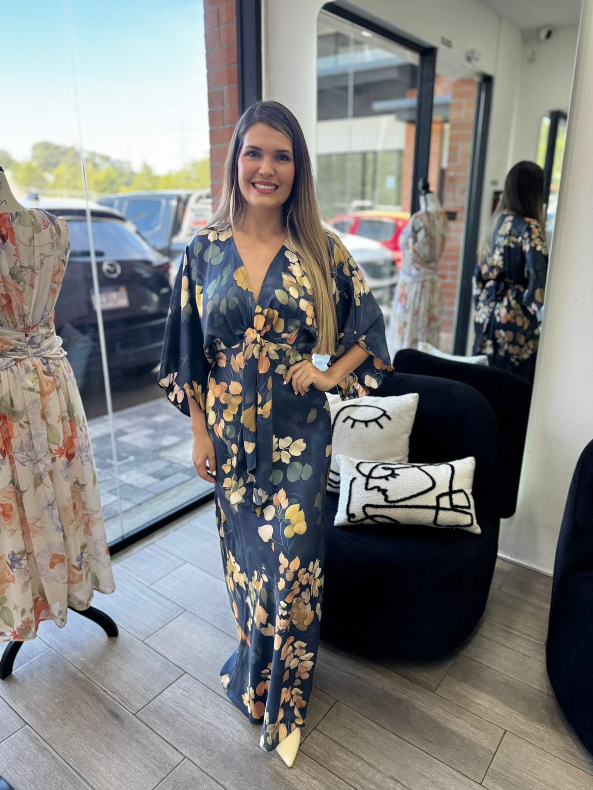 Navy Kimono Sleeve Elastic Back Waisted Maxi Dress (Talla S)