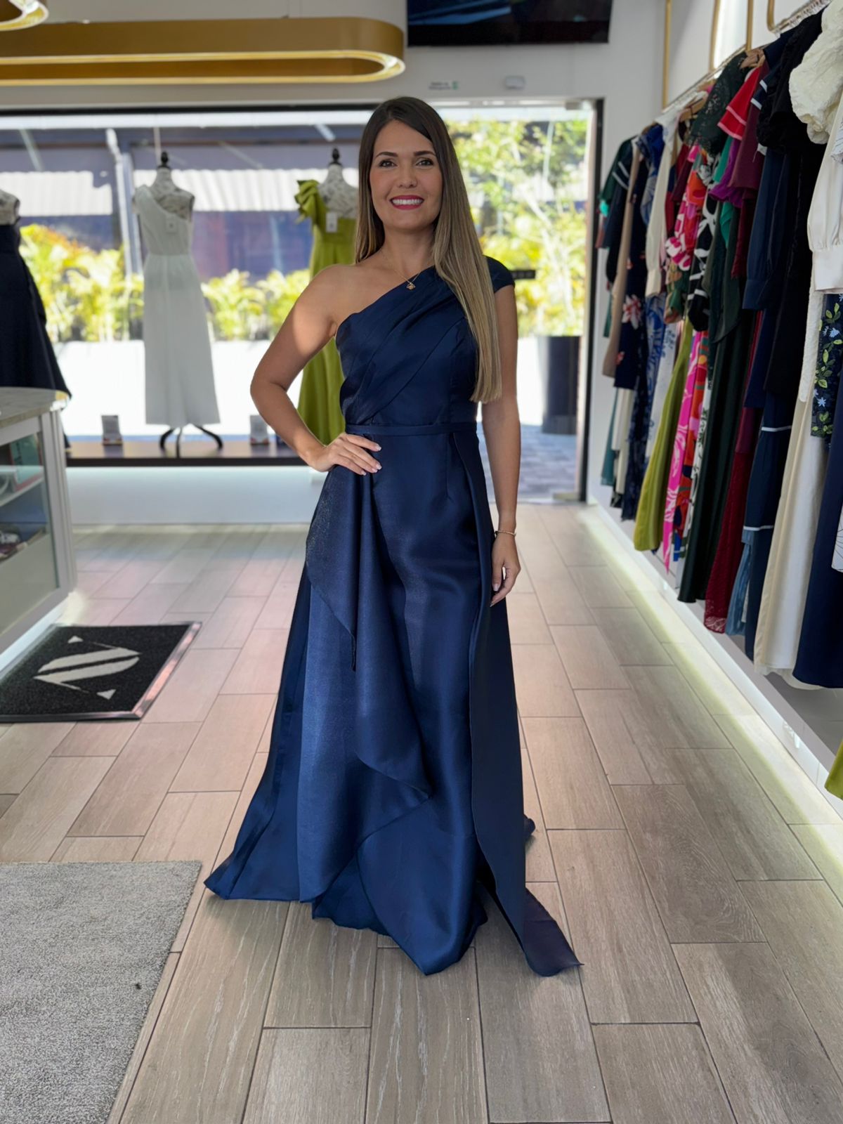 Navy One Shoulder Elegant Evening Gown (Talla S)