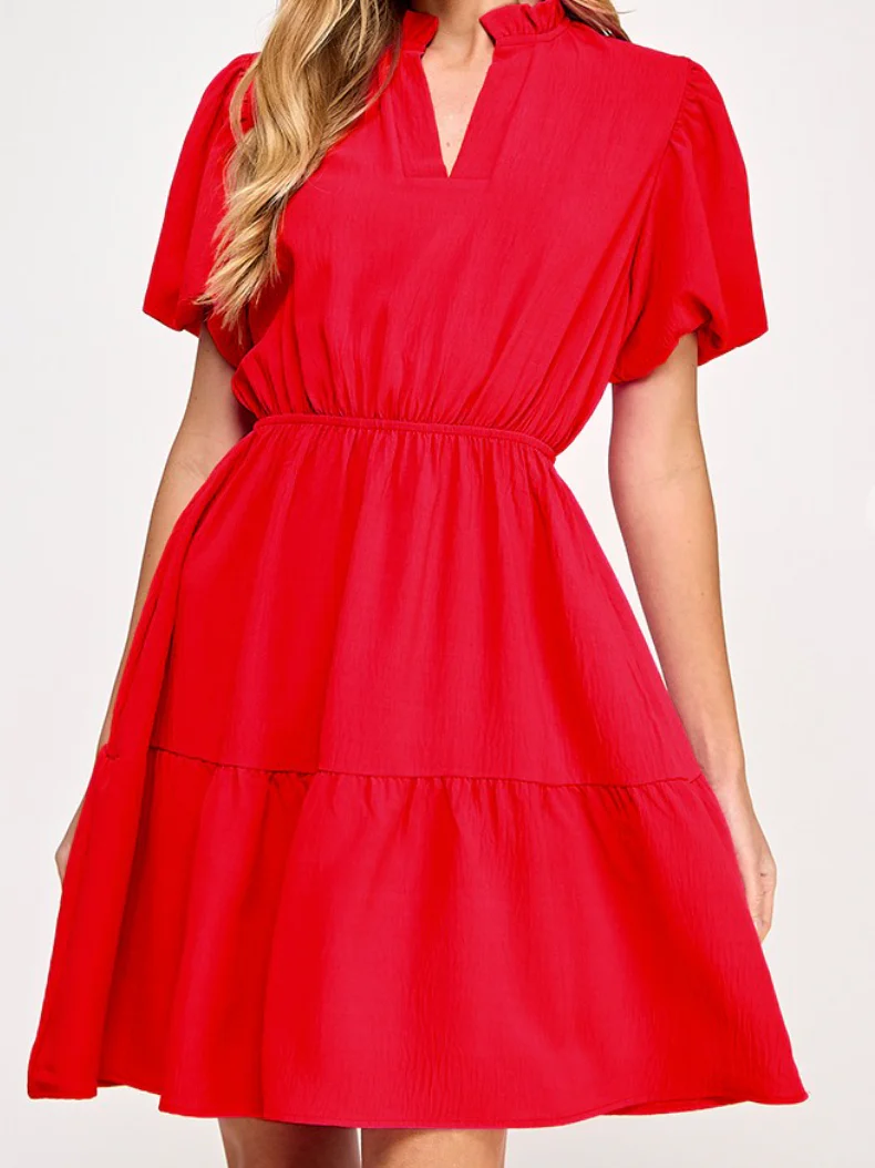 Red Solid Dress with Ruffled V Neck (Talla M) thumbnail
