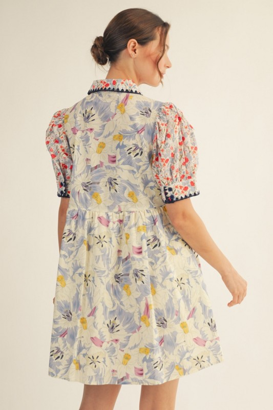 Beige Scallop Embroidery Detail Floral Mix Match Dress (Talla M) thumbnail