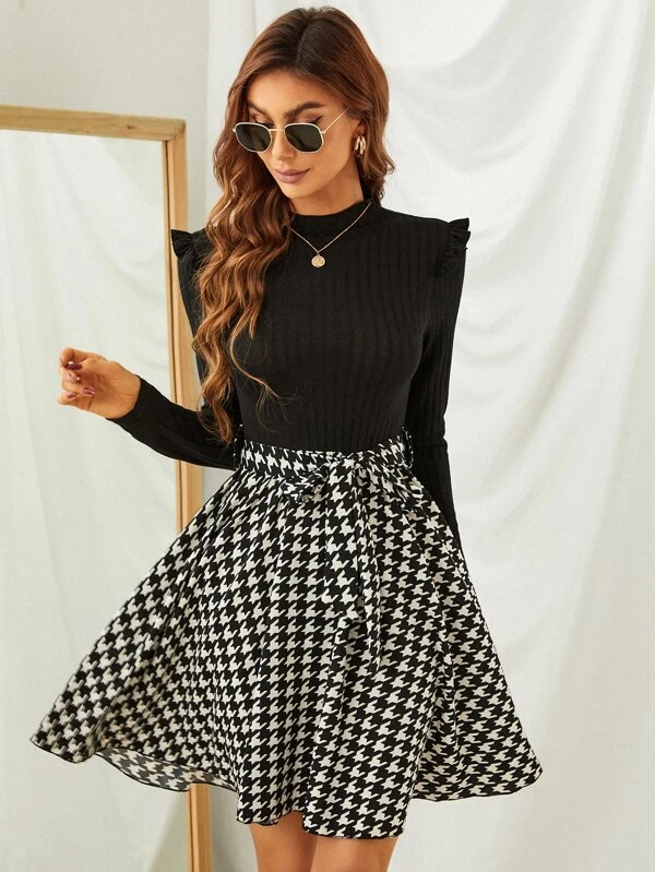 2 In 1 Houndstooth Frill Trim Belted Flared Dress (Talla L)