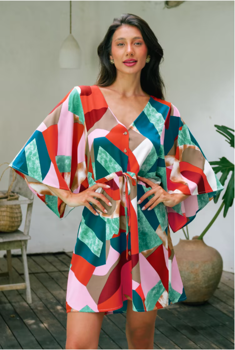 Colorful Abstract Print Tie Waist Dress (Talla S)