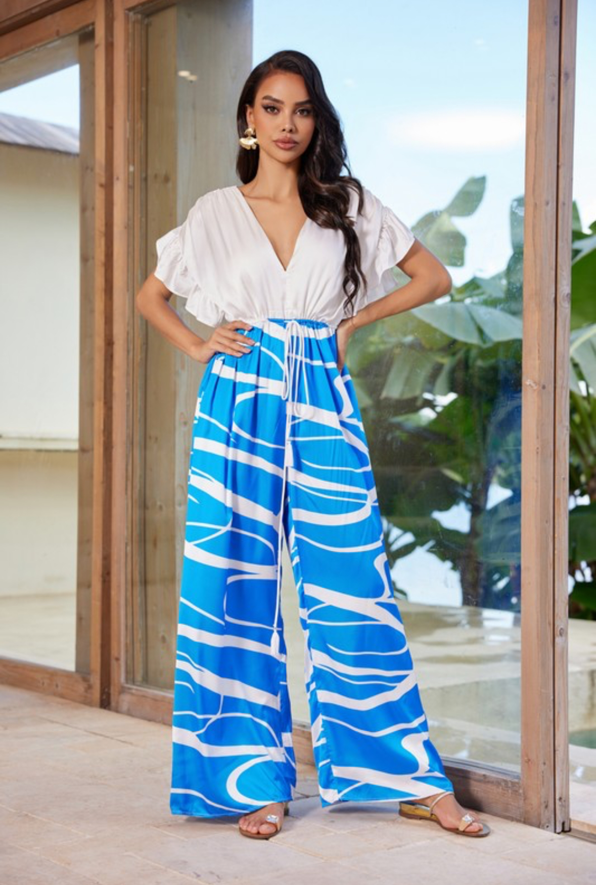 Blue Satin jumpsuit with ruffle sleeves (Talla S) thumbnail