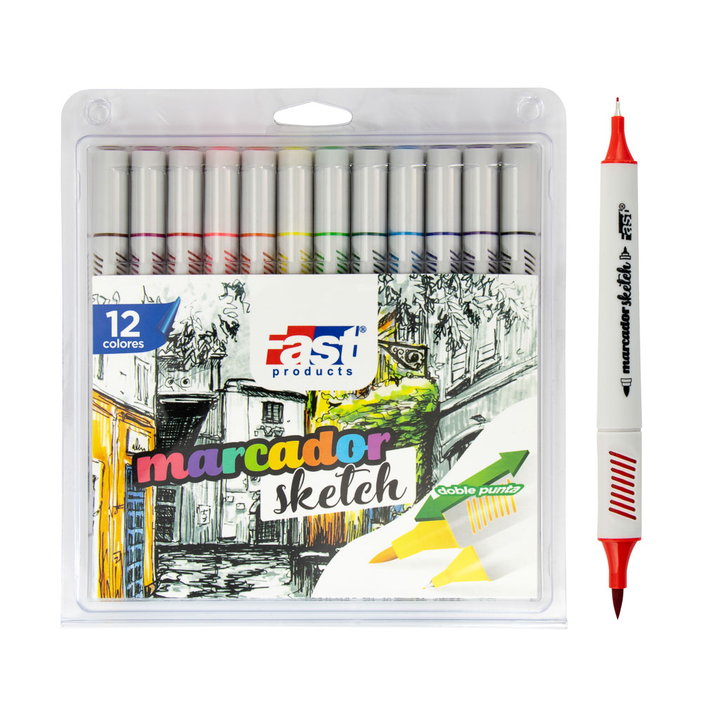 MARCADORES FAST SKETCH DOBLE PUNTA 12 COLORES