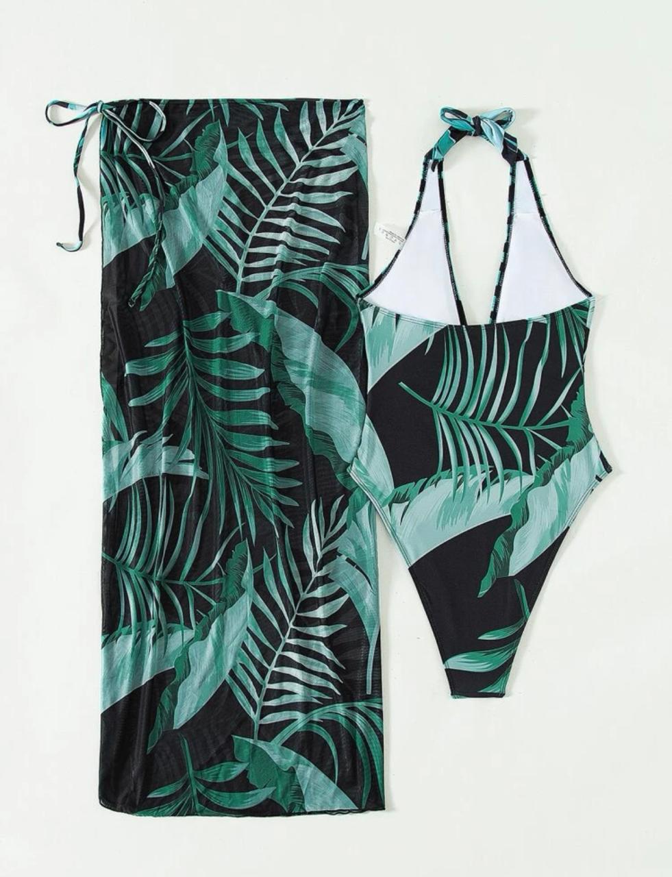 Plant Print Halter One Piece Swimsuit & Beach Skirt (Talla L) thumbnail