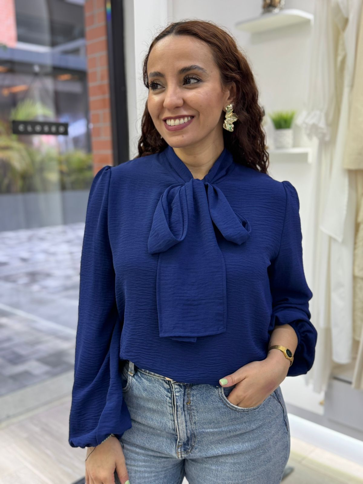 Navy Solid Long Sleeve Blouse (Talla M)