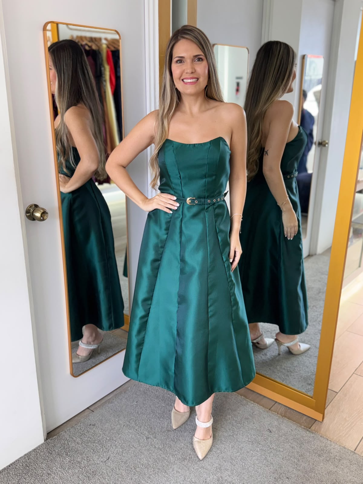 Emerald Strapless Taffeta Midi Dress (Talla S)