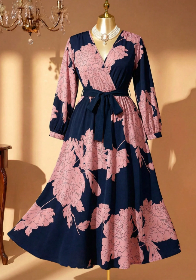 Multicolor Retro Plus Size Cross Neck Short Sleeve Flowy Dress (Talla 2XL)