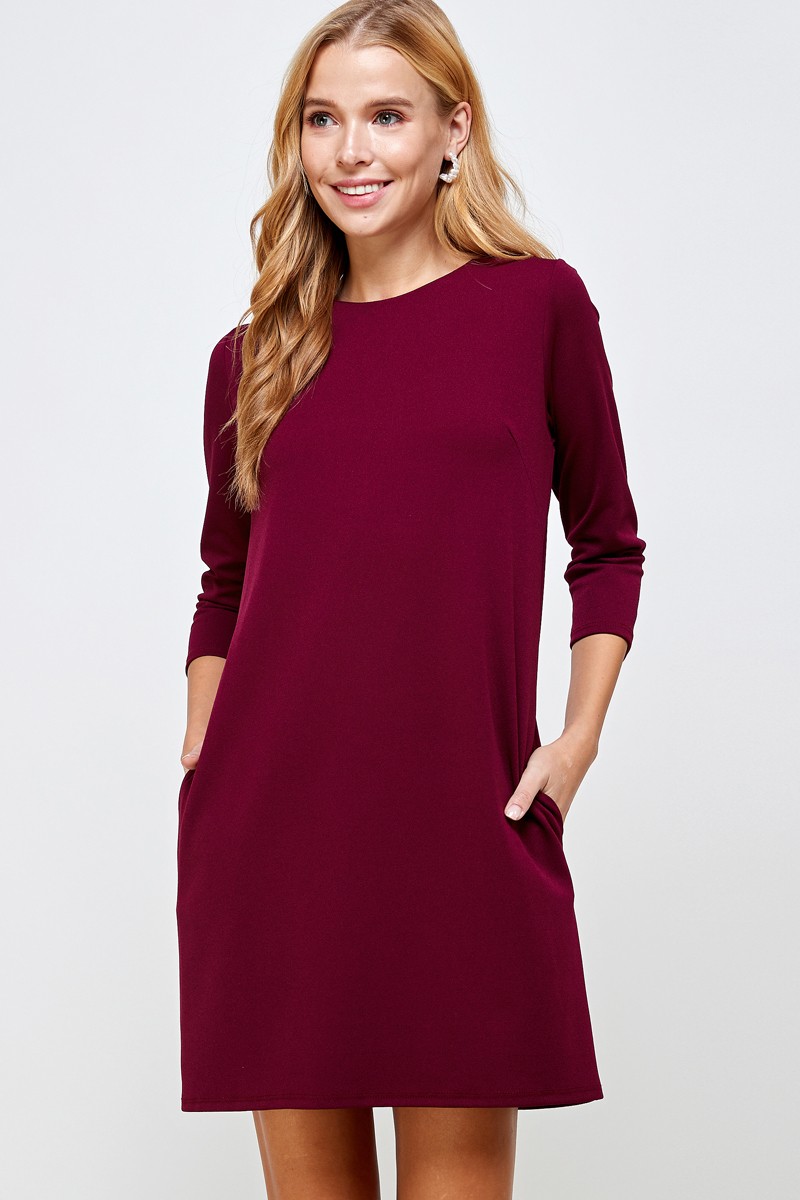 Wine Solid shift dress 3/4 sleeve (Talla M) thumbnail