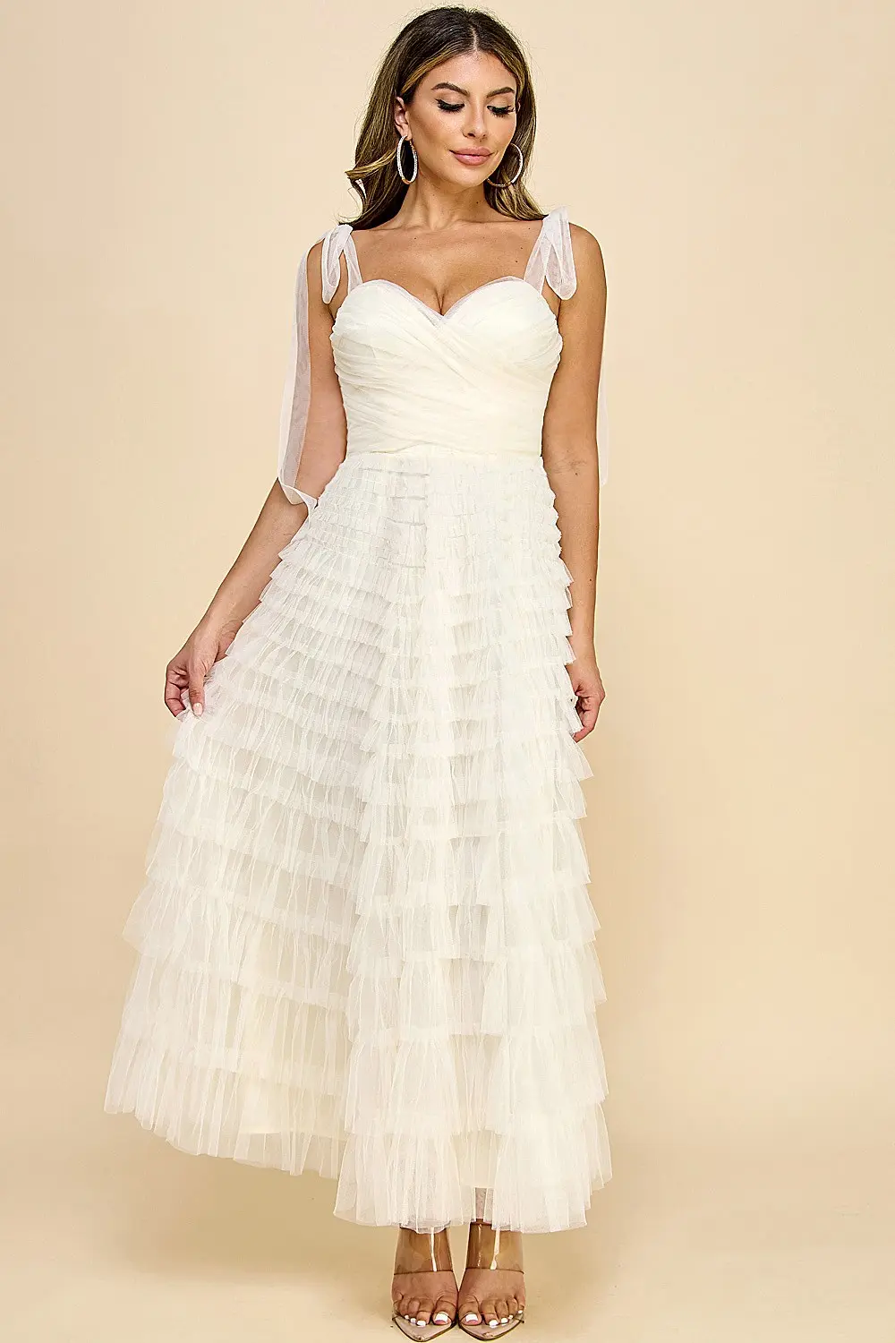 Cream Tulle Mesh Midi Dress (Talla S) thumbnail