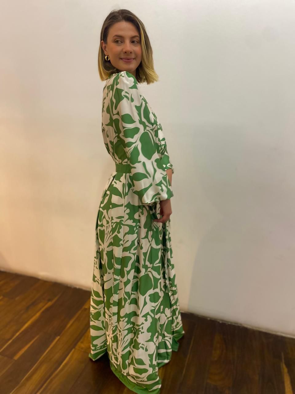 Deep V Neck Boarder Printed Maxi Dress (Talla S) thumbnail